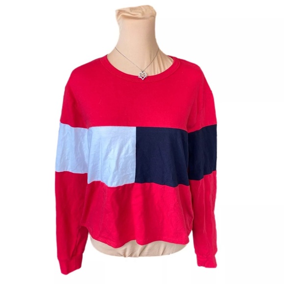 New GAZE Women’s Long Sleeve Boxy Fit Cropped Shirt Sz M Patriotic Color Block - Picture 2 of 11